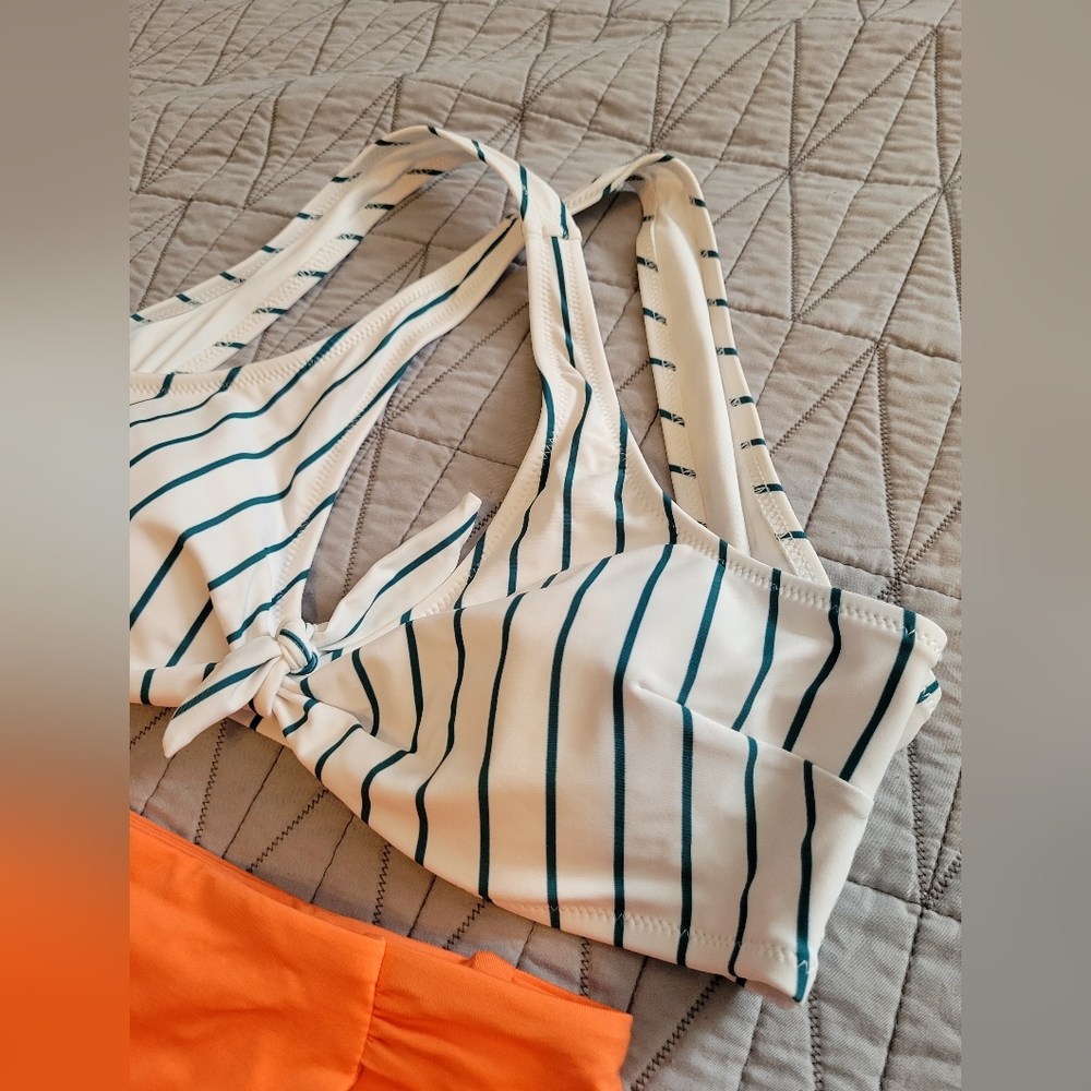 High Waisted Orange Bikini Bottoms w/ White & Teal Striped Wrap Around Top - Picture 3 of 7